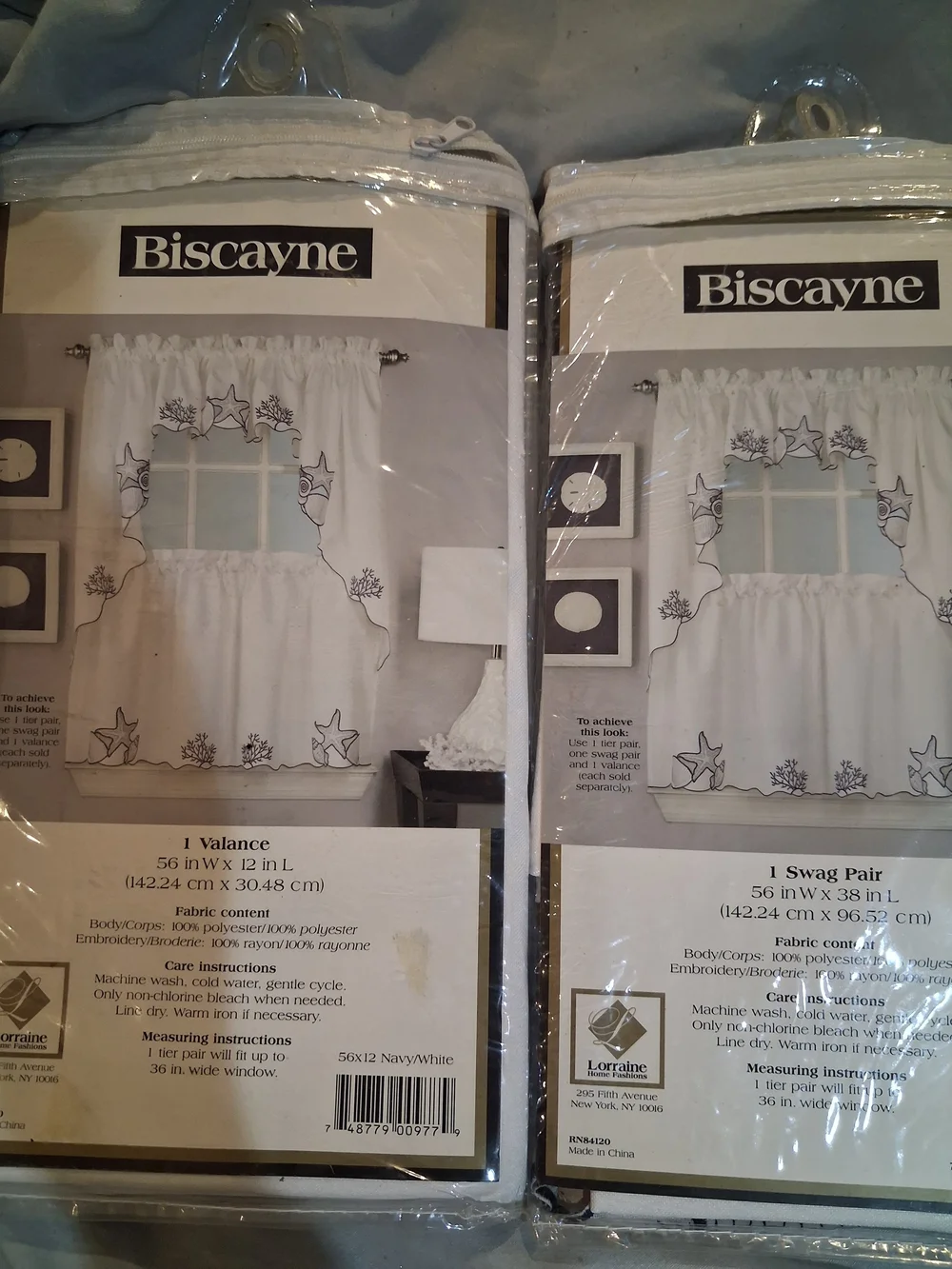 Biscayne Nautical Seashell & Starfish Valance/Swag Pair - White & Navy